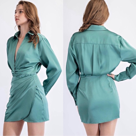 NWT Emerald Green Satin Low Cut
Mini Shirtdress, Small - Picture 5 of 6
